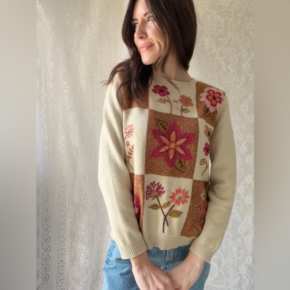 Vintage 90s Floral Patchwork Sweater Alfred Dunner Silk Blend - Picture 9 of 13